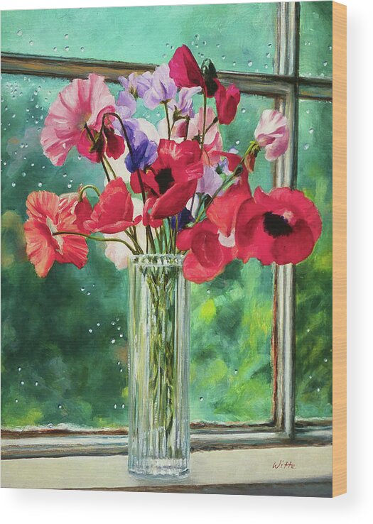 Poppies Wood Print featuring the painting Poppies on Windowsill by Marie Witte