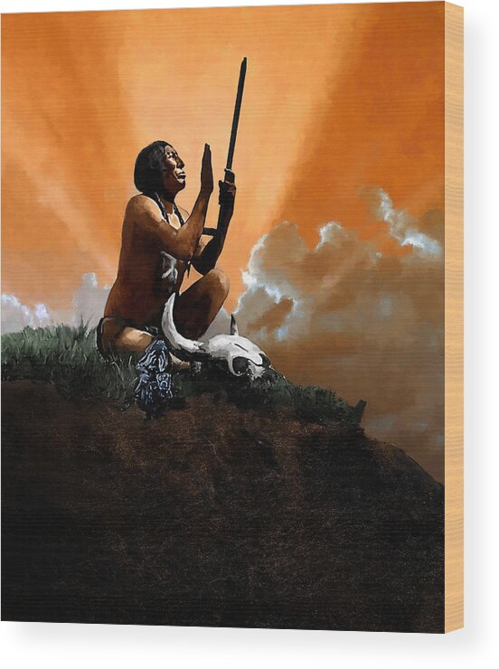 Native American Wood Print featuring the painting Prayer to the Great Mystery by Rick Mosher