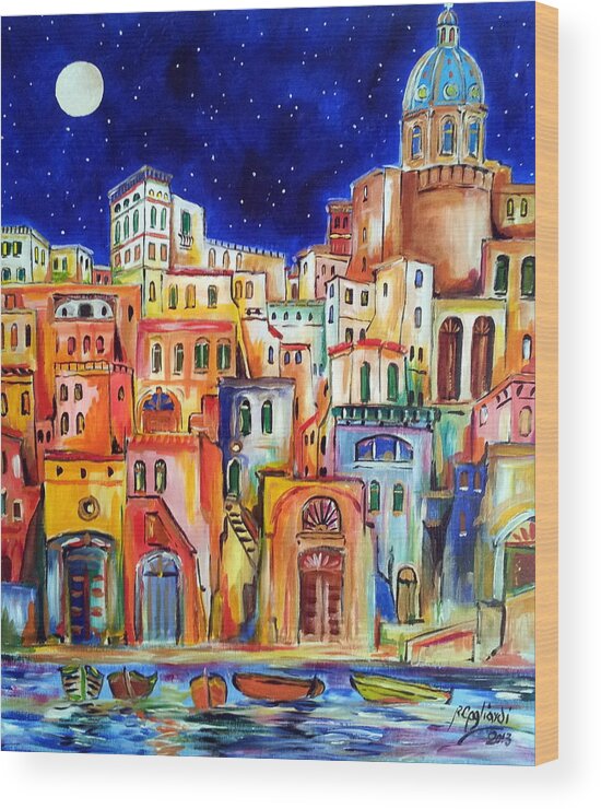 Procida Wood Print featuring the painting Procida under the moon by Roberto Gagliardi