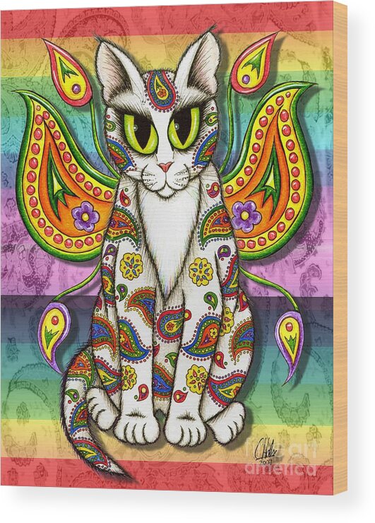 Rainbow Cat Wood Print featuring the mixed media Rainbow Paisley Fairy Cat by Carrie Hawks