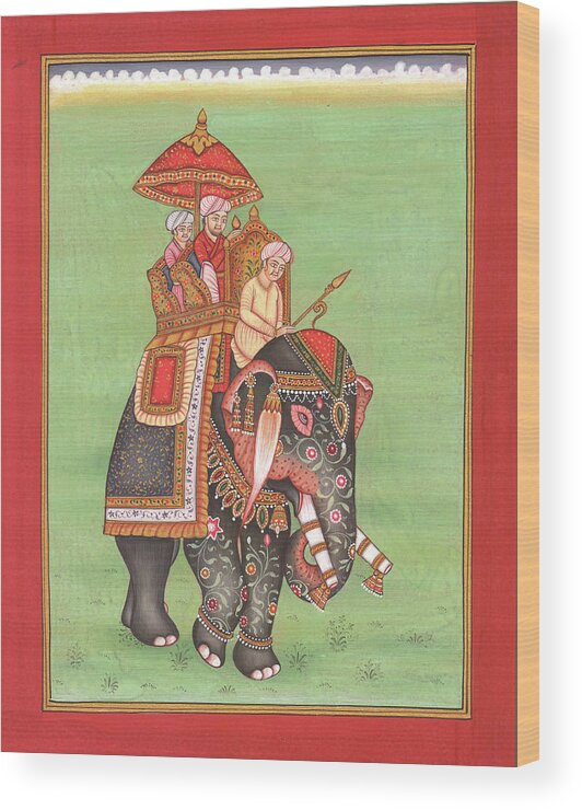  Wood Print featuring the painting Rajput King Drawing Elephant Ride Forest Scene Miniature Watercolor Artwork by A K Mundra