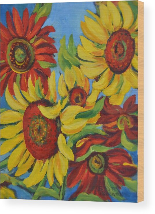 Sunflower Wood Print featuring the painting Sunflowers in Red and Yellow by Celeste Drewien