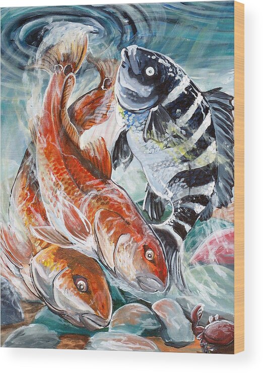 Red Drum Wood Print featuring the painting Red Drums and a Sheephead by Jenn Cunningham