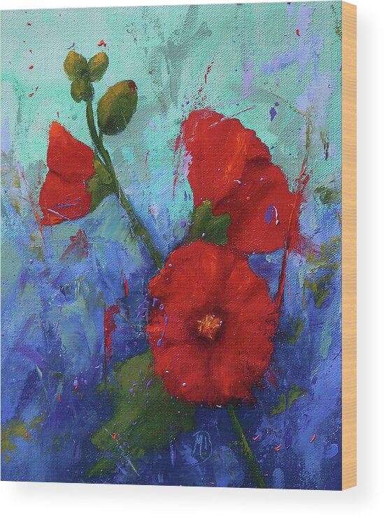 Floral Art Wood Print featuring the painting Red Hollyhocks by Monica Burnette