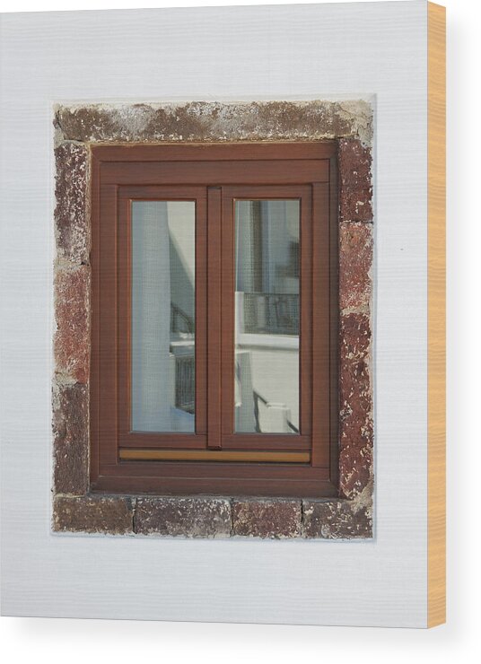 Darin Volpe Architecture Wood Print featuring the photograph Reflecting on Santorini -- Window With Reflection on Santorini, Greece by Darin Volpe