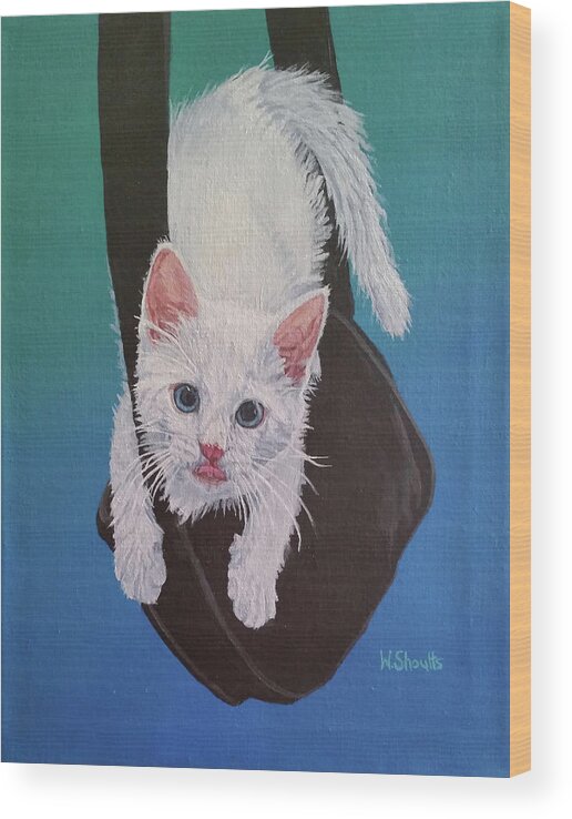 White Kitten Wood Print featuring the painting Rembrandt Justa Swingin by Wendy Shoults