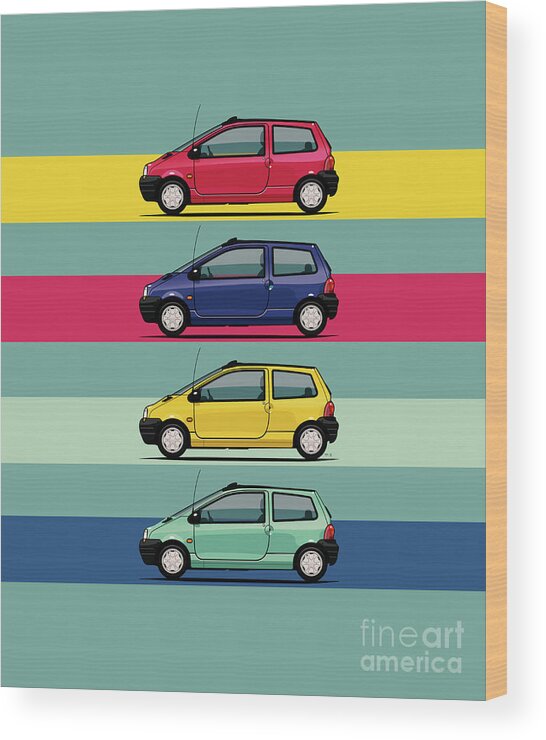 Car Wood Print featuring the digital art Renault Twingo 90s Colors Quartet by Tom Mayer II Monkey Crisis On Mars
