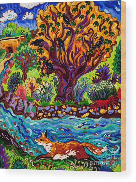 Running Fox Wood Print featuring the painting Running River, Running Fox by Cathy Carey