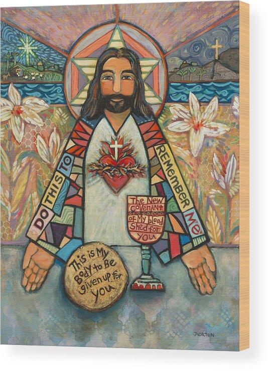 Jen Norton Wood Print featuring the painting Sacred Heart of Jesus by Jen Norton