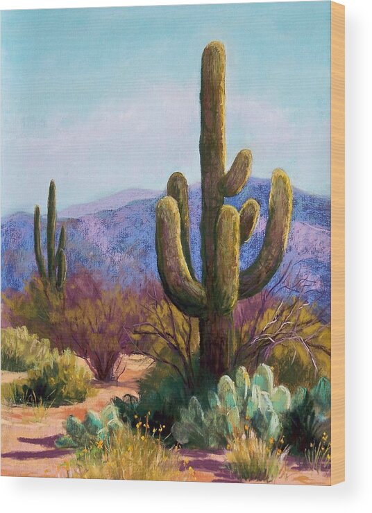 Saguaro Wood Print featuring the pastel Saguaro by Candy Mayer