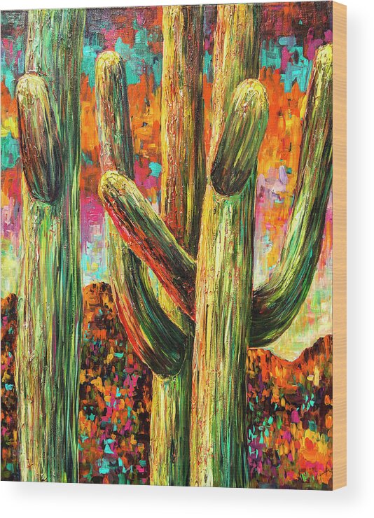 Saguaros Wood Print featuring the painting Saguaros at Sunset by Sally Quillin