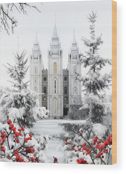 Salt Lake Wood Print featuring the painting Salt Lake Temple - Winter Wonderland by Brent Borup