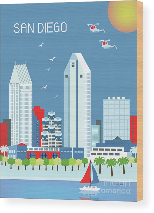 San Diego Wood Print featuring the digital art San Diego California Vertical Skyline by Karen Young