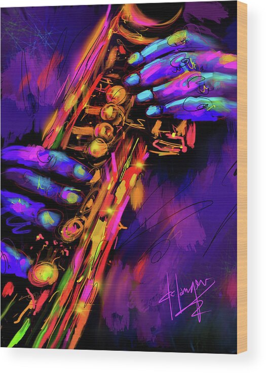 Soprano Saxophone Wood Print featuring the painting Saxy Hands by DC Langer