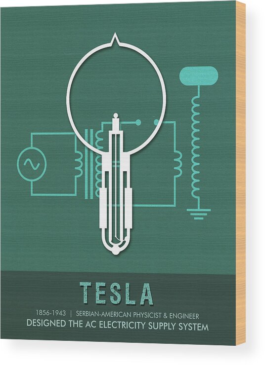 Tesla Wood Print featuring the mixed media Science Posters - Nikola Tesla - Physicist, Engineer by Studio Grafiikka