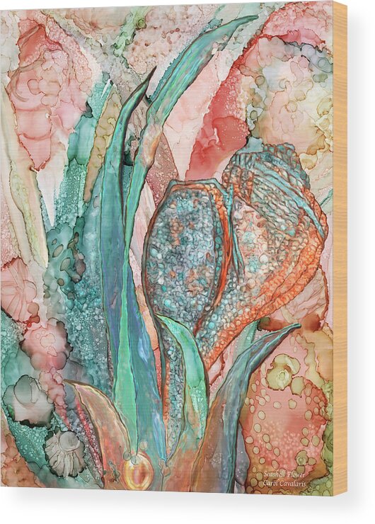 Carol Cavalaris Wood Print featuring the mixed media Seashell Flower - Organica by Carol Cavalaris