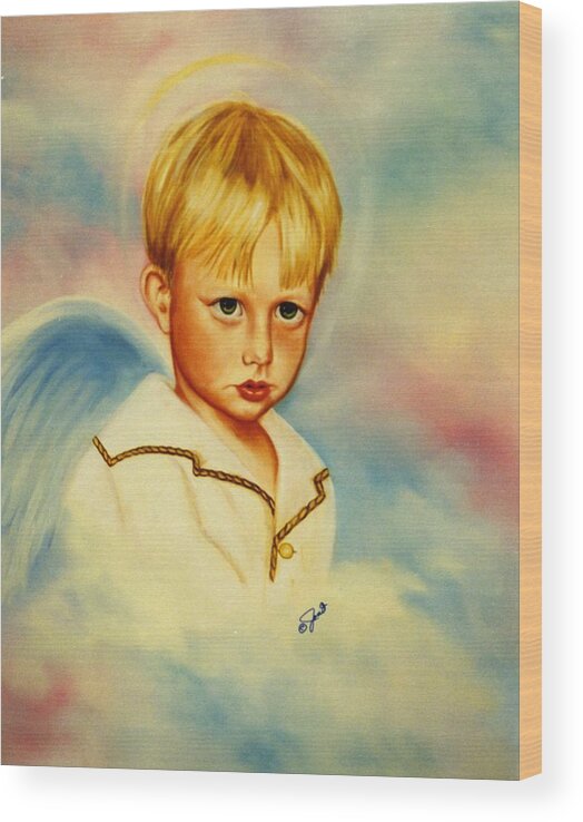 Angel Wood Print featuring the painting Serious Angel by Joni McPherson