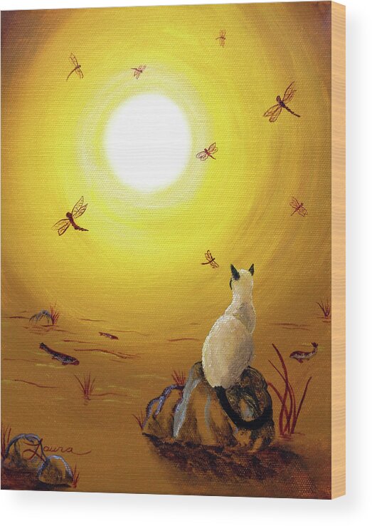 Siamese Cat Wood Print featuring the painting Siamese Cat with Red Dragonflies by Laura Iverson
