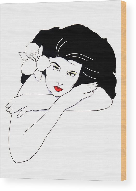 Line Art Beauty B/w Style Grace Lovely Girl Flower Wood Print featuring the drawing Simple Beauty by Murry Whiteman