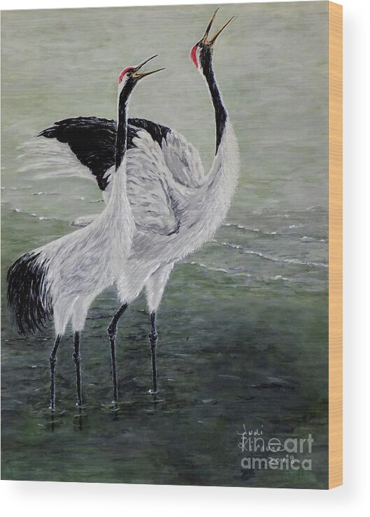 Bird Wood Print featuring the painting Singing Cranes by Judy Kirouac