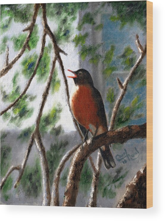 Bird Wood Print featuring the painting Singing Robin by Carol Neal-Chicago
