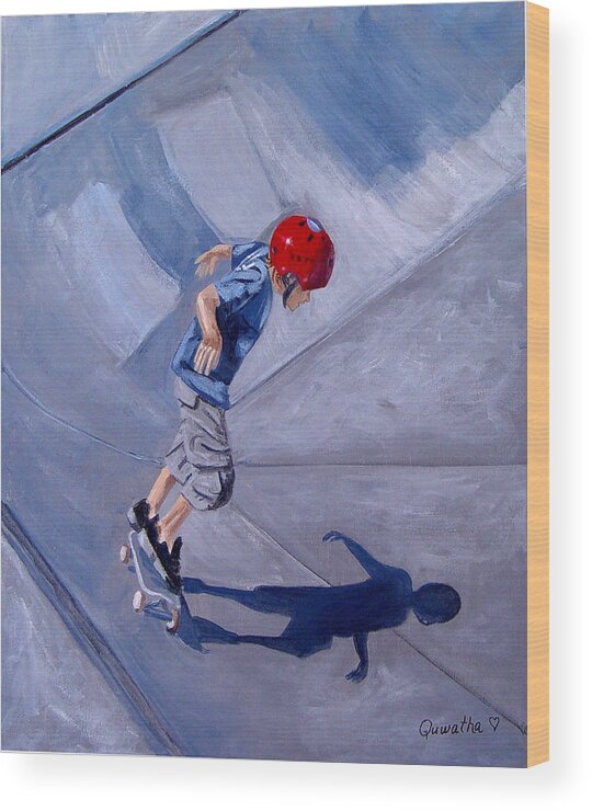 Boy Wood Print featuring the painting Skateboarding by Quwatha Valentine