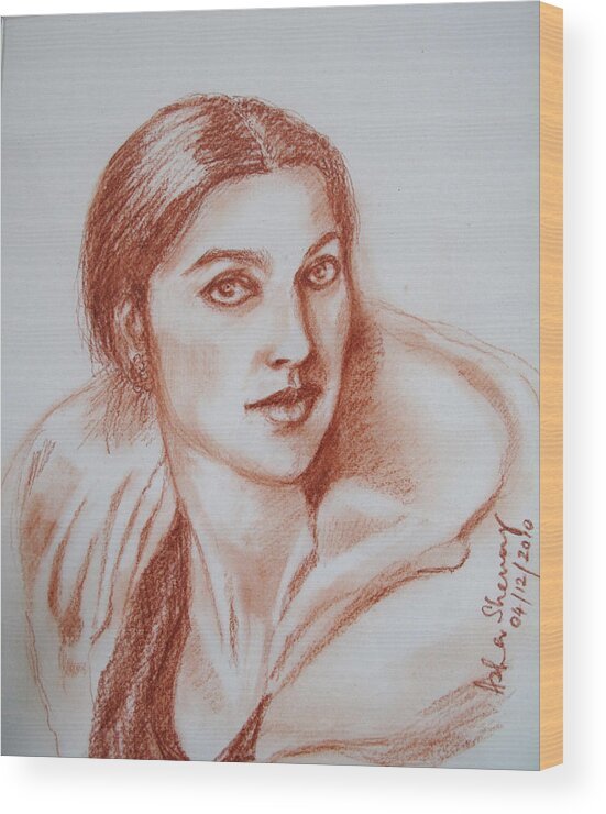 This Portrait Sketch Is Of Jhumpa Lahiri Wood Print featuring the drawing Sketch in conte crayon by Asha Sudhaker Shenoy