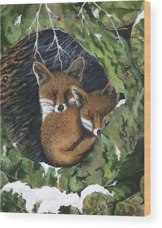 Fox Wood Print featuring the painting Sleepy Foxes by Twyla Francois