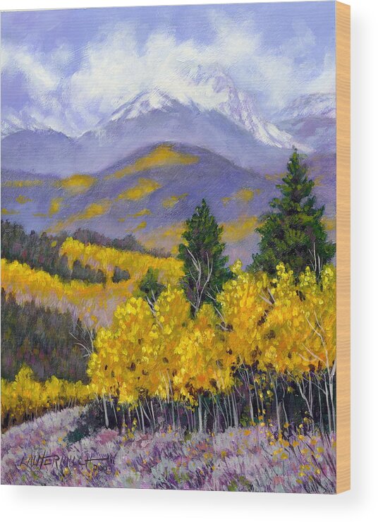 Rocky Mountains Wood Print featuring the painting Snowing in the Mountains by John Lautermilch