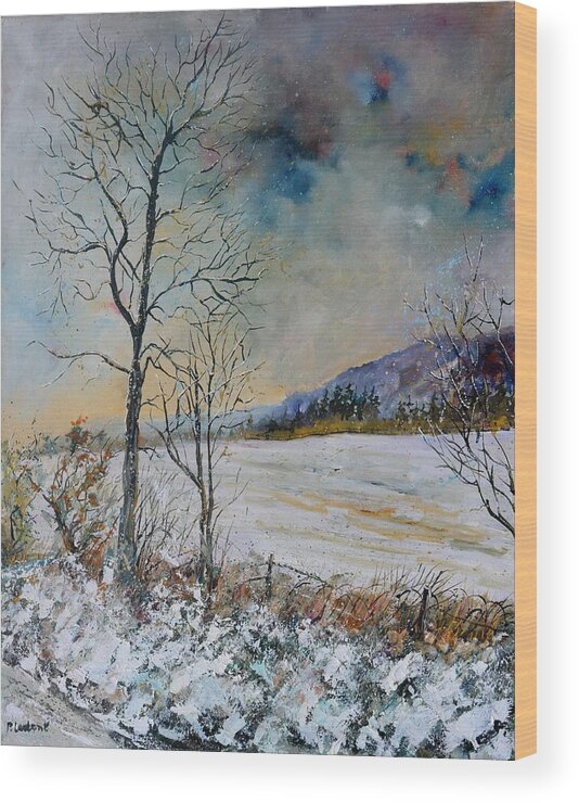 Landscape Wood Print featuring the painting Snowy landscape by Pol Ledent