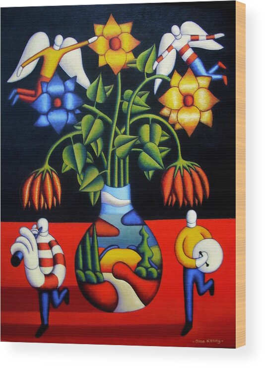 Softvase With Flowers And Figures Wood Print featuring the painting Softvase with flowers and figures by Alan Kenny