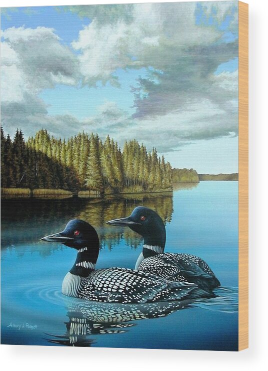 Loons Wood Print featuring the painting South Bay Loons by Anthony J Padgett