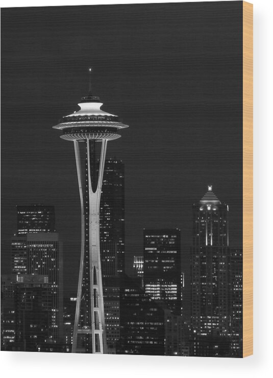 Space Needle Wood Print featuring the photograph Space Needle at Night in Black and White by Mark J Seefeldt