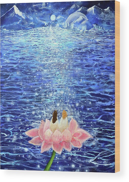 Lotus Flower In The Moonlight Wood Print featuring the painting Sparkle Souls by Ashleigh Dyan Bayer