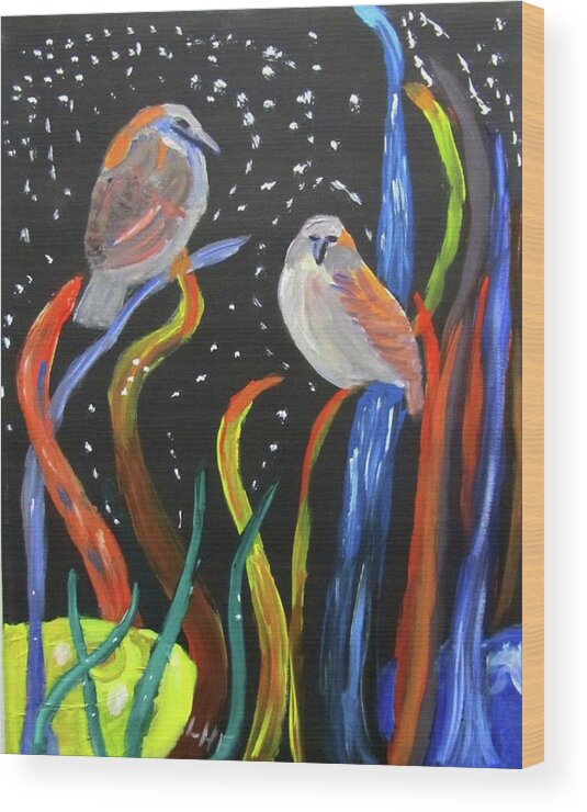 Sparrows Wood Print featuring the painting Sparrows inspired by Chihuly by Linda Feinberg