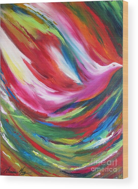 Spirit; Bird; Flight; Multicolored; Wings; Fly; Soar; Wood Print featuring the painting Spirit Takes Flight by Denise Hoag