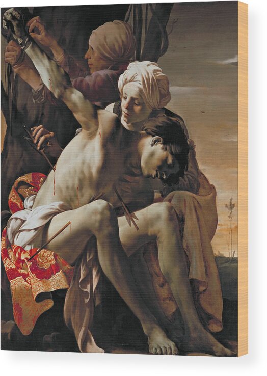 17th Century Art Wood Print featuring the painting St Sebastian Tended by Irene and her Maid by Hendrick ter Brugghen