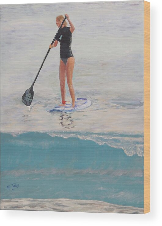 Sup Wood Print featuring the painting Stand-up Paddleboarder at Waveland by Mike Jenkins