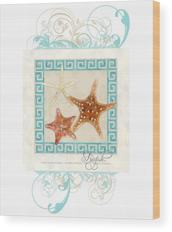 White Finger Starfish Wood Print featuring the painting Starfish Greek Key Pattern w Swirls by Audrey Jeanne Roberts