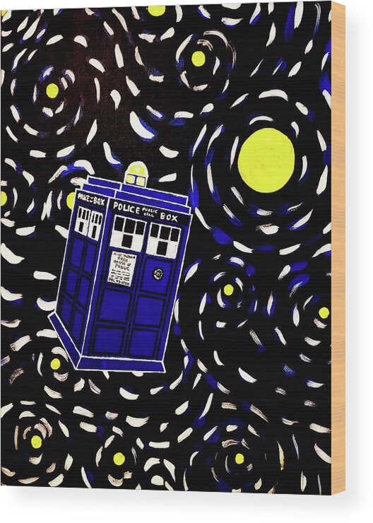 Tardis Wood Print featuring the painting Starry Tardis Filled Night by Jean Haynes