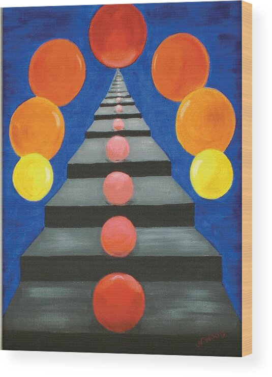 Abstract Wood Print featuring the painting Steps and Circles by Nancy Sisco