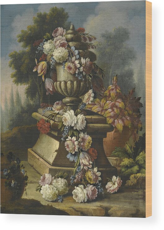 Giacomo Nani Wood Print featuring the painting Still life with a garland of roses tulips carnations and other flowers draped around a stone urn in by Giacomo Nani