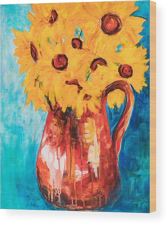 Sunflowers Wood Print featuring the painting Sunflowers in a Pitcher by Sally Quillin