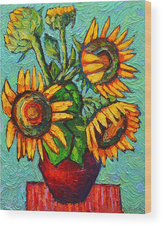 Sunflowers Wood Print featuring the painting Sunflowers In Red Vase Original Oil Painting by Ana Maria Edulescu
