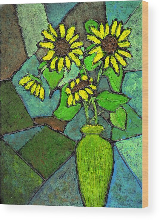 Sunflowers Wood Print featuring the painting Sunflowers in vase Green by Wayne Potrafka
