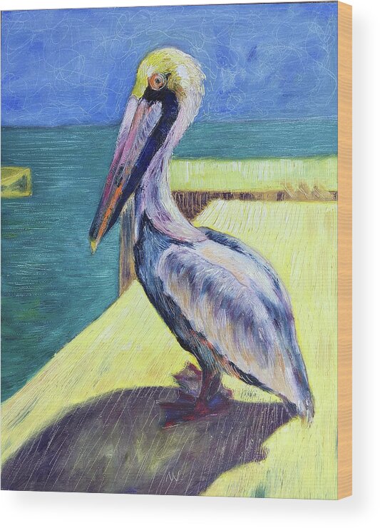 Pelican Wood Print featuring the painting Sunny Pelican by AnneMarie Welsh