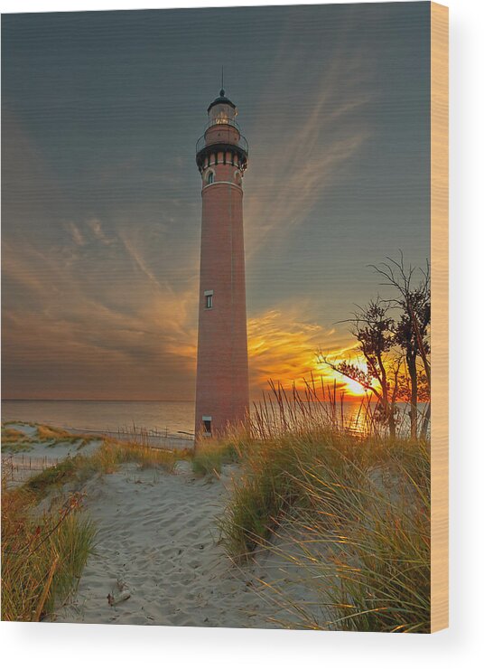 Lighthouse Wood Print featuring the photograph Sunset at Petite Pointe Au Sable by Susan Rissi Tregoning