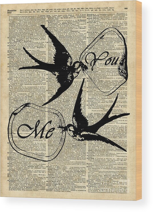 Birds Wood Print featuring the digital art Swallows In Love,Flying birds Vintage Dictionary Art by Anna W