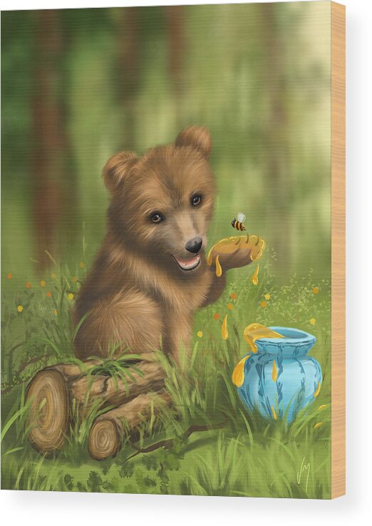 Bear Wood Print featuring the painting Sweet as honey by Veronica Minozzi