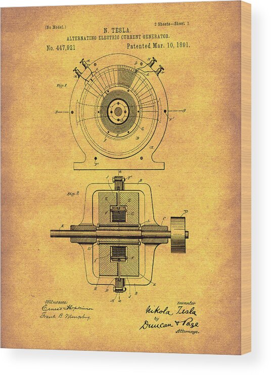 Tesla Wood Print featuring the drawing Tesla Generator 1891 Patent Art Gold by Prior Art Design